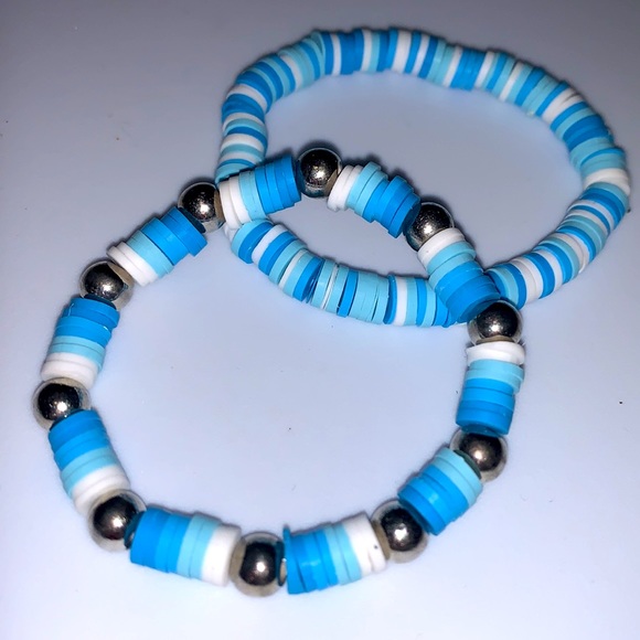 Hand made blue clay bead bracelet set. - Picture 2 of 5